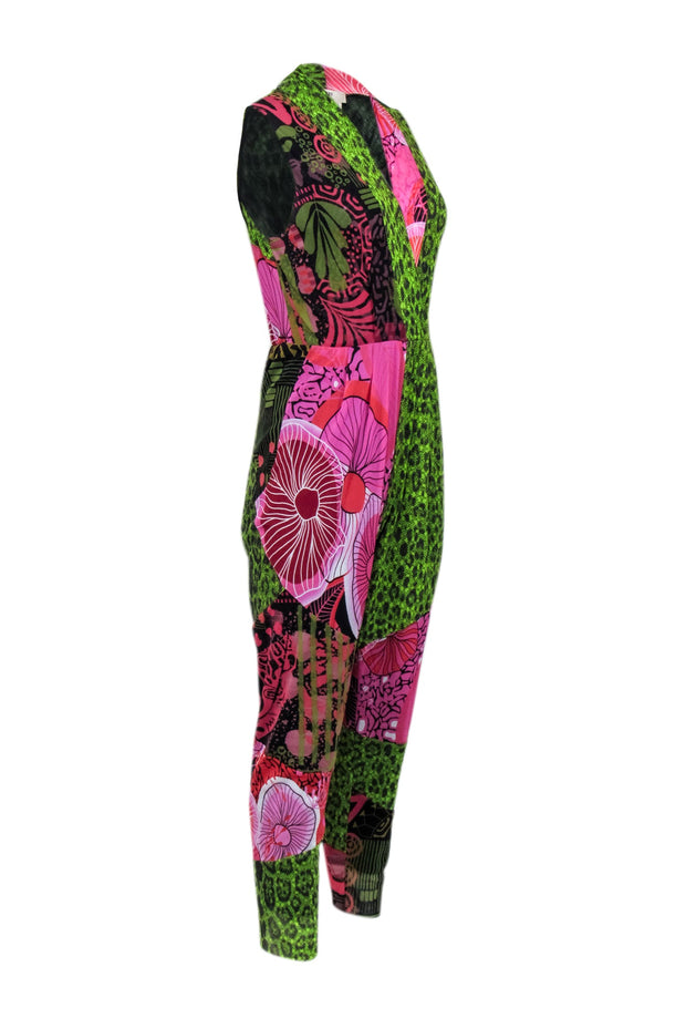Current Boutique-Fuzzi - Green & Pink Mixed Print Sleeveless Mesh Jumpsuit Sz XL