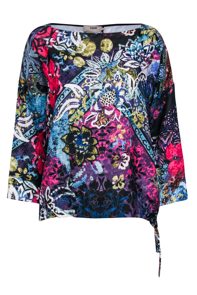 Current Boutique-Fuzzi - Black w/ Multicolor Floral Print Drawstring Top Sz M