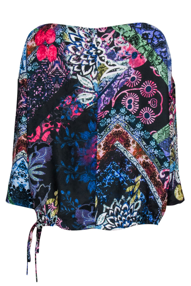 Current Boutique-Fuzzi - Black w/ Multicolor Floral Print Drawstring Top Sz M