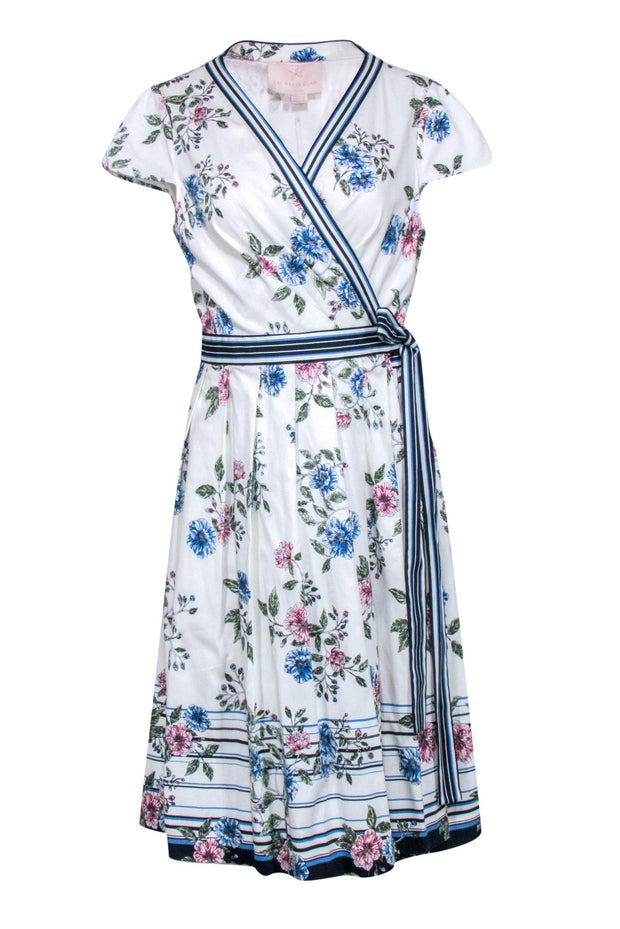 Current Boutique-Gal Meets Glam - White & Navy w/Floral Print a short Sleeve Wrap Dress Sz 14
