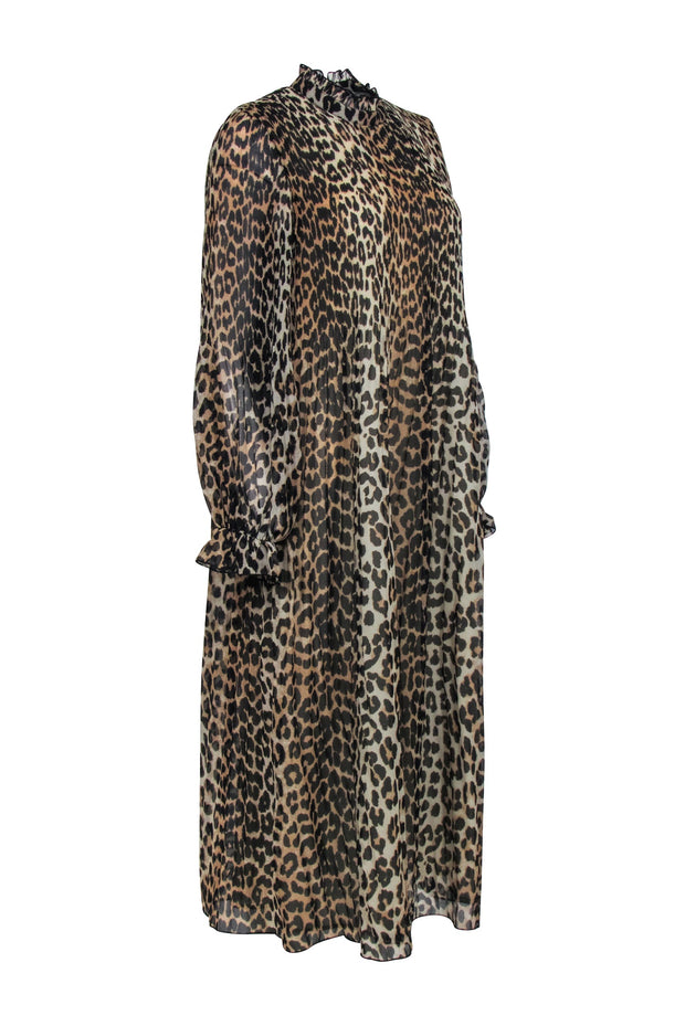 Current Boutique-Ganni - Brown & Black Leopard Print Pleated Maxi Dress Sz M