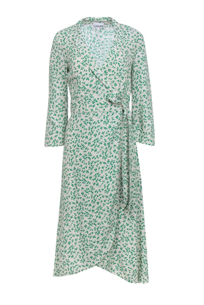 Current Boutique-Ganni - Ivory & Green Print Wrap Dress Sz 4