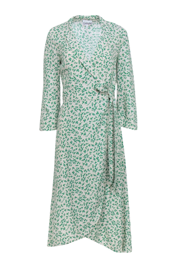 Current Boutique-Ganni - Ivory & Green Print Wrap Dress Sz 4