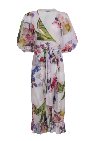 Current Boutique-Ganni - Ivory & Multi Color Floral Wrap Dress Sz 8