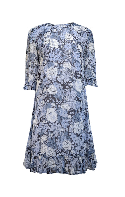 Ganni - Blue & Navy Floral Print Georgette Mini Dress Sz 6 - Current Boutique