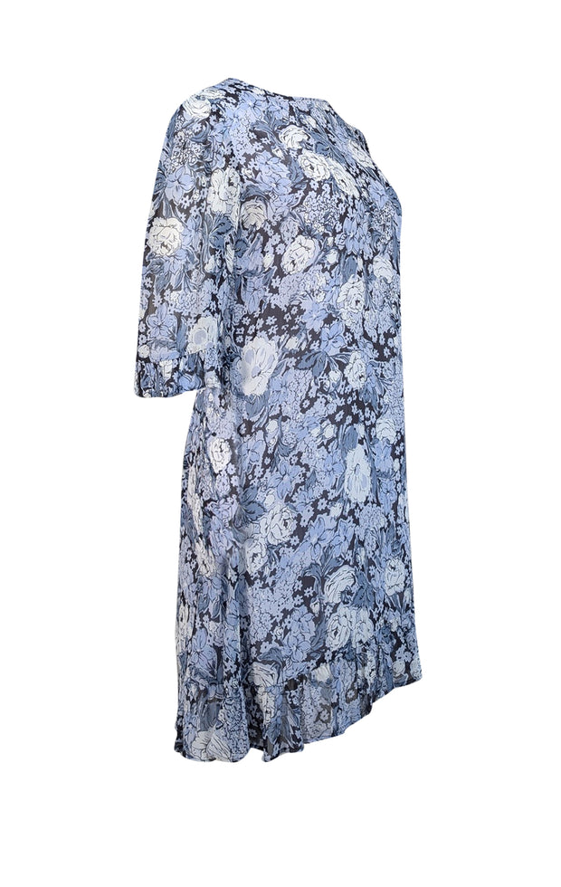 Ganni - Blue & Navy Floral Print Georgette Mini Dress Sz 6 - Current Boutique