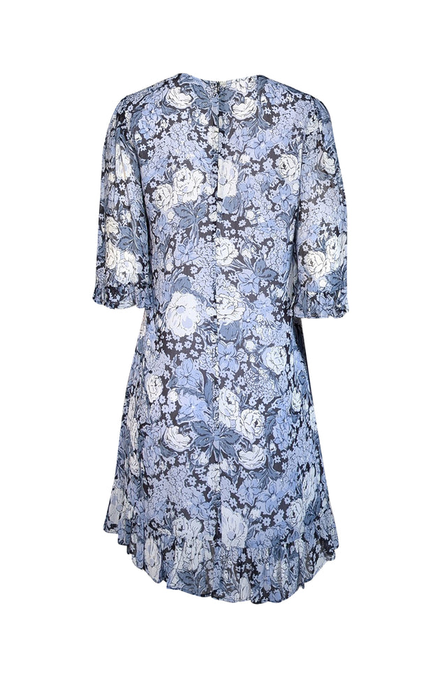 Ganni - Blue & Navy Floral Print Georgette Mini Dress Sz 6 - Current Boutique