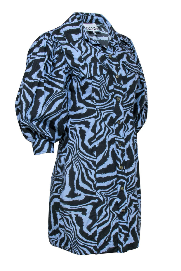 Current Boutique-Ganni - Blue & Grey Zebra Print Puff Sleeve Mini Dress Sz M