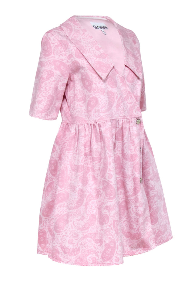 Current Boutique-Ganni - Light Pink Paisley Print Short Sleeve Denim Dress Sz 4