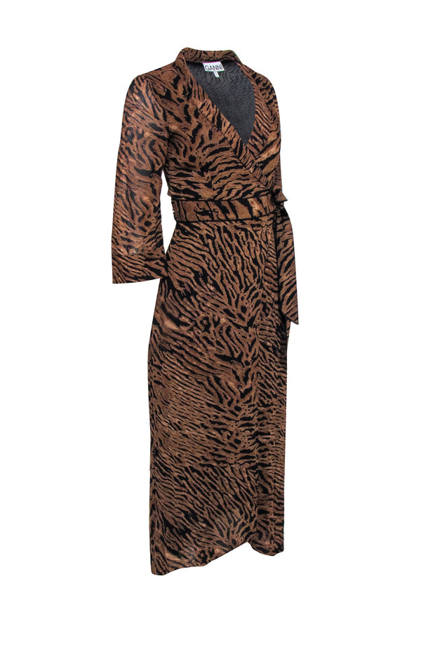 Current Boutique-Ganni - Tan & Black Tiger Print Wrap Dress Sz S