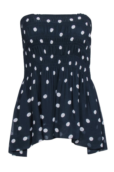Current Boutique-Ganni - Navy & White Polka Dot Smocked Top Sz 0