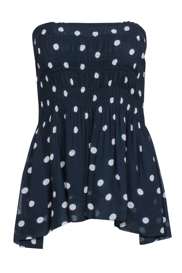 Current Boutique-Ganni - Navy & White Polka Dot Smocked Top Sz 0