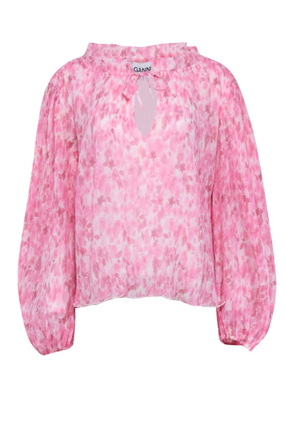 Current Boutique-Ganni - Pink & White Abstract Floral Print Pleated Blouse Sz 14