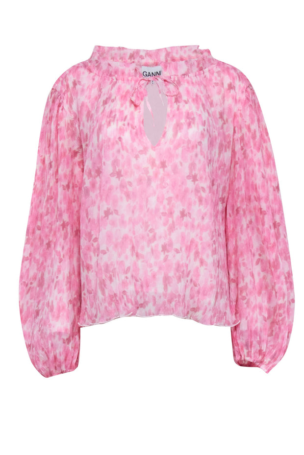 Current Boutique-Ganni - Pink & White Abstract Floral Print Pleated Blouse Sz 14