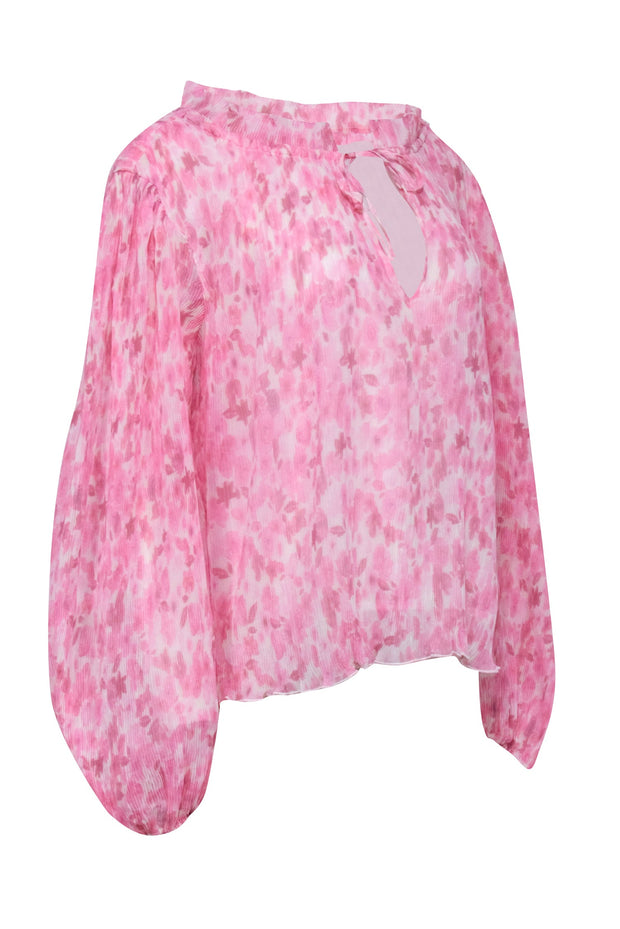 Current Boutique-Ganni - Pink & White Abstract Floral Print Pleated Blouse Sz 14