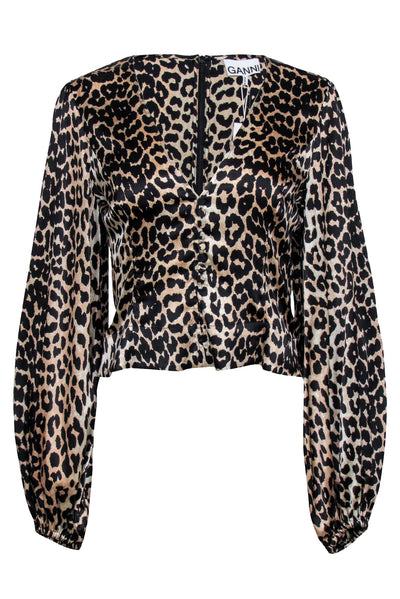 Current Boutique-Ganni - Tan & Black Leopard Print Silk Blend Blouse Sz 4