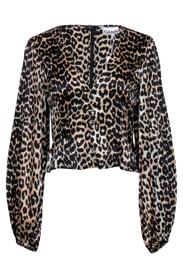 Current Boutique-Ganni - Tan & Black Leopard Print Silk Blend Blouse Sz 4