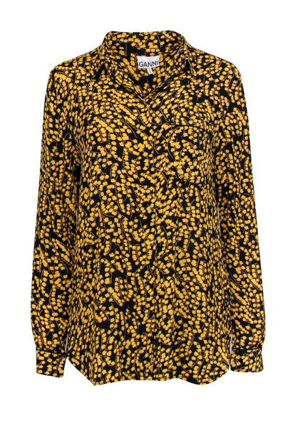 Current Boutique-Ganni - Black w/ Yellow Floral Print Button Front Blouse Sz 6
