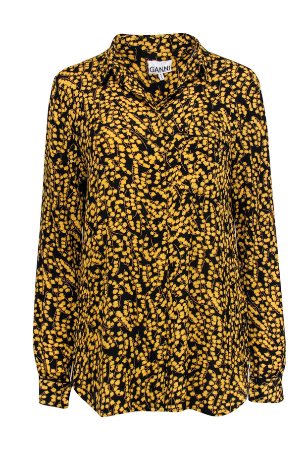 Current Boutique-Ganni - Black w/ Yellow Floral Print Button Front Blouse Sz 6