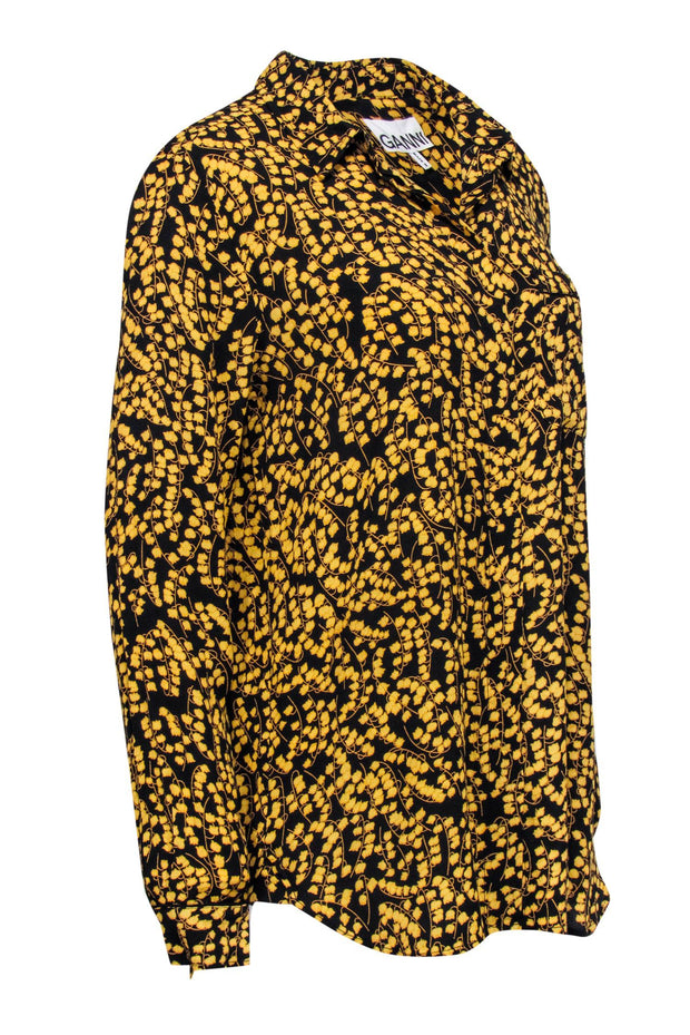 Current Boutique-Ganni - Black w/ Yellow Floral Print Button Front Blouse Sz 6