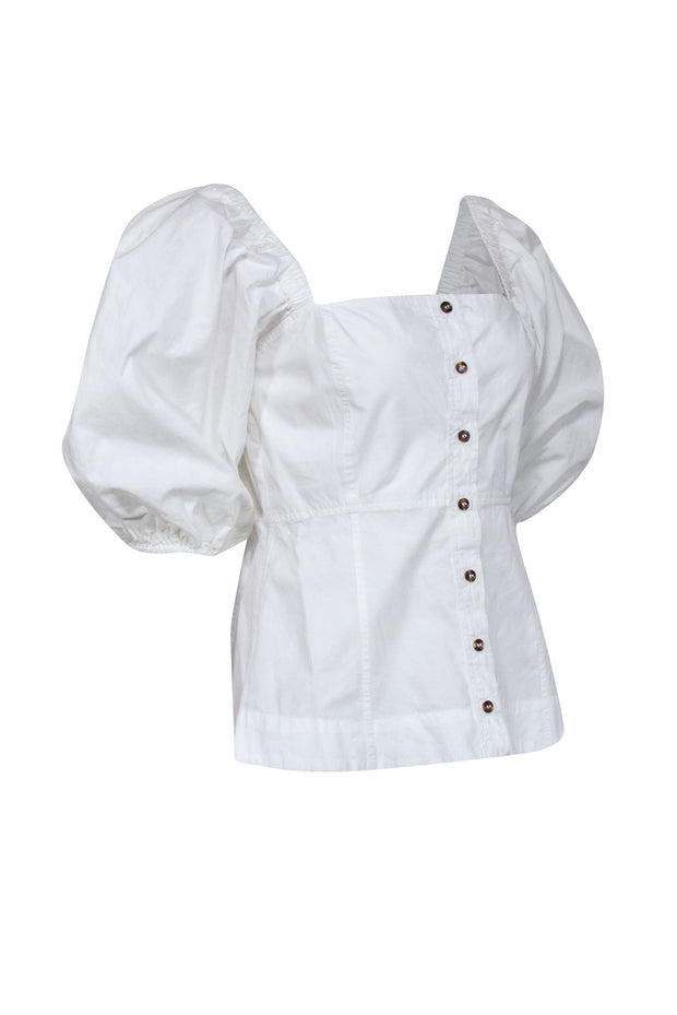 Current Boutique-Ganni - White Poplin Puff-Sleeve Top Sz 6