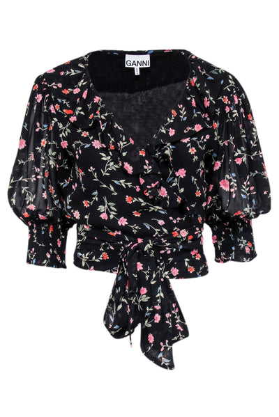 Current Boutique-Ganni - Black w/ Multicolor Floral Print Cropped Wrap Top Sz 8