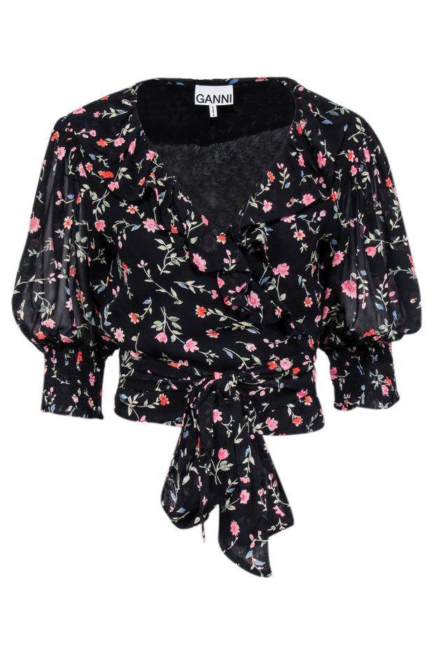 Current Boutique-Ganni - Black w/ Multicolor Floral Print Cropped Wrap Top Sz 8