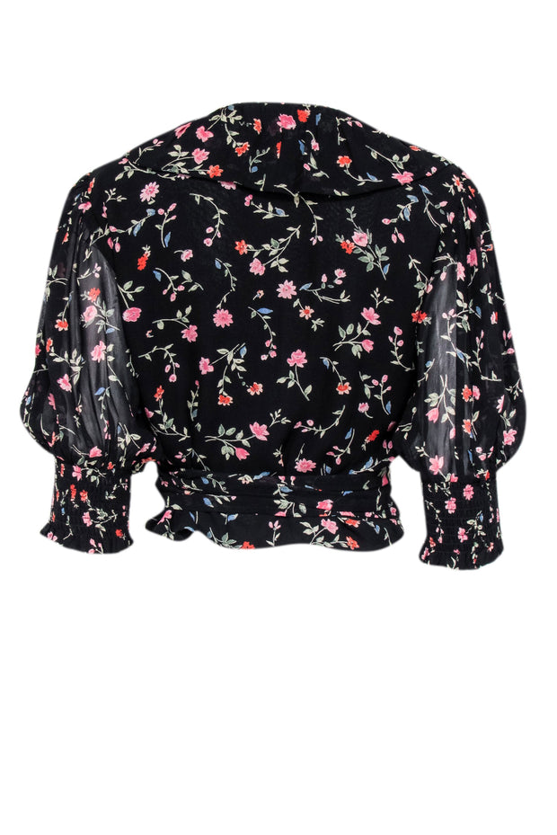 Current Boutique-Ganni - Black w/ Multicolor Floral Print Cropped Wrap Top Sz 8