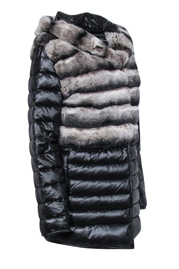 Current Boutique-Garshi - Black Puffer Coat w/ Detachable Hood & Rabbit Fur Trim Sz XS