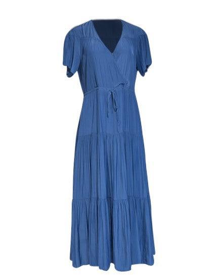 Current Boutique-Gerard Darel -Blue Satin Short Sleeve Maxi Dress Sz 6