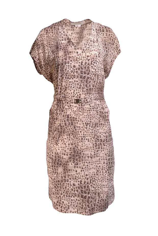 Gerard Darel - Beige & Brown Leopard Print Silk Cap Sleeve Dress Sz 8 - Current Boutique