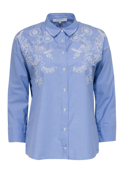 Current Boutique-Gerard Darel - Blue & White Striped Blouse w/ Floral Eyelet Embroidery Sz 4