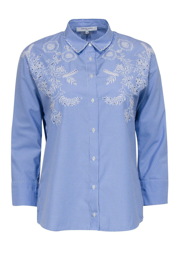 Current Boutique-Gerard Darel - Blue & White Striped Blouse w/ Floral Eyelet Embroidery Sz 4