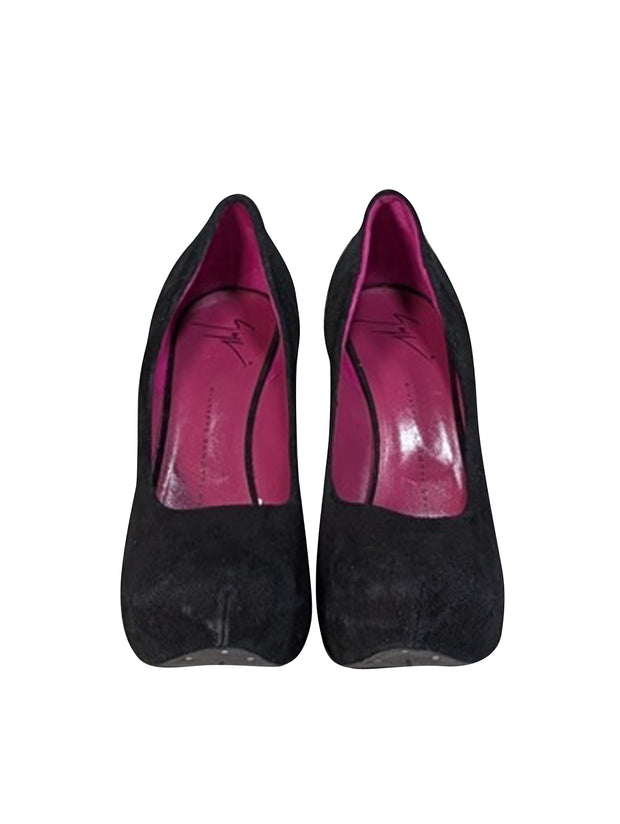 Current Boutique-Giuseppe Zanotti - Black Suede Rounded Toe Pumps Sz 7.5