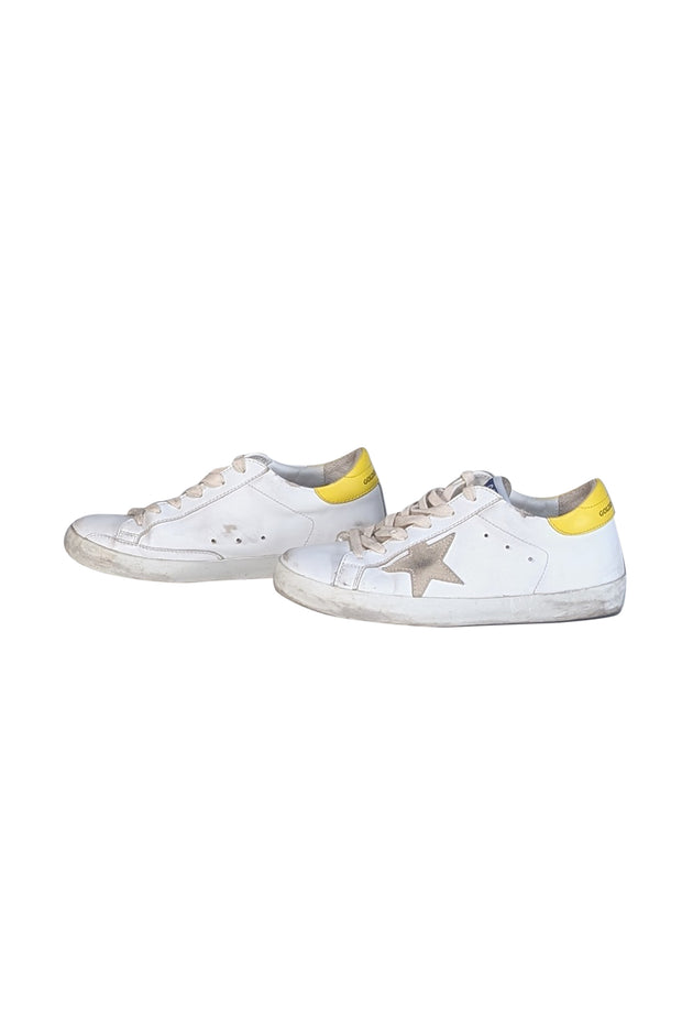 Golden Goose - Ivory Leather "Super Star" Sneakers w/ Yellow Heel Sz 8 - Current Boutique