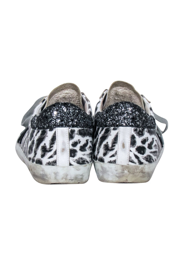 Current Boutique-Golden Goose - White Leather Sneakers w/ Leopard Print & Glitter Back Detail Sz 8