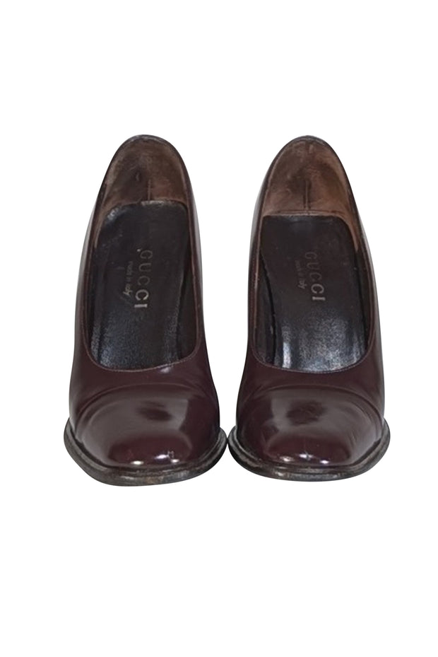 Gucci - Maroon Ox Blood Leather Chunky Heel Pumps Sz 5.5 - Current Boutique