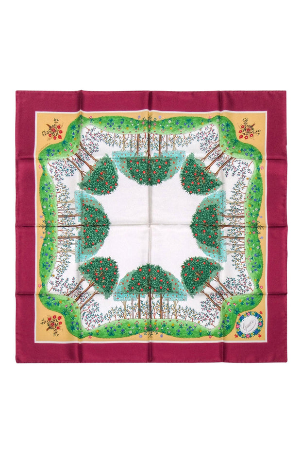 Current Boutique-Gucci - Maroon Trim w/ Multi Color Tree Print Silk Scarf