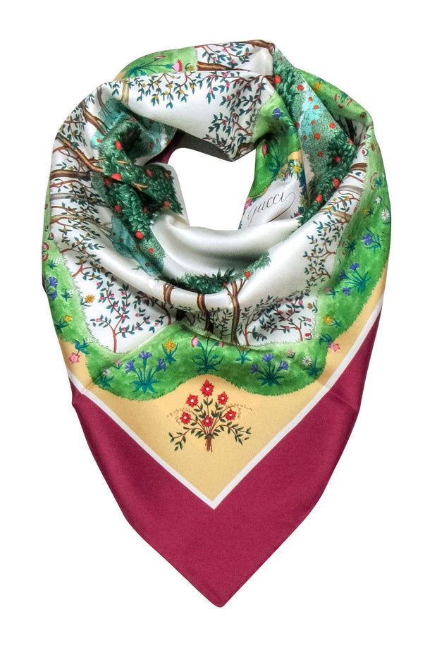 Current Boutique-Gucci - Maroon Trim w/ Multi Color Tree Print Silk Scarf