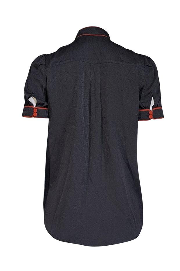 Current Boutique-Gucci - Black Silk Mandarin Collar Short Sleeve Blouse Sz 4