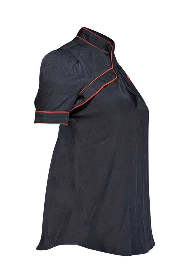 Current Boutique-Gucci - Black Silk Mandarin Collar Short Sleeve Blouse Sz 4
