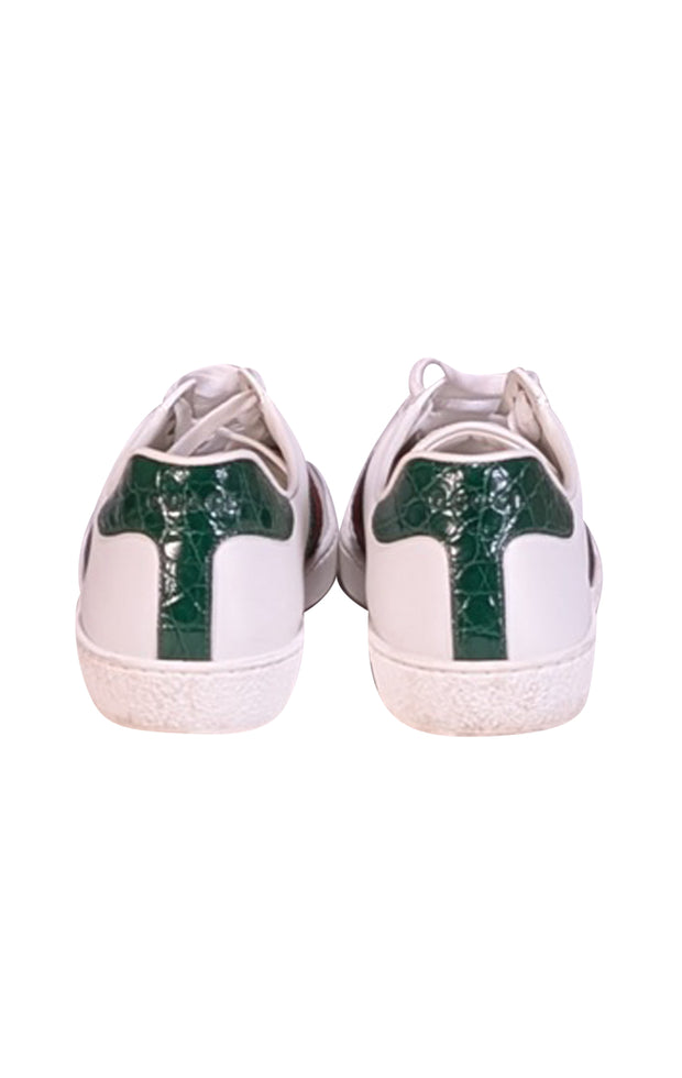 Gucci - White White Leather Sneakers w/ Green & Red Side Stripe - Current Boutique