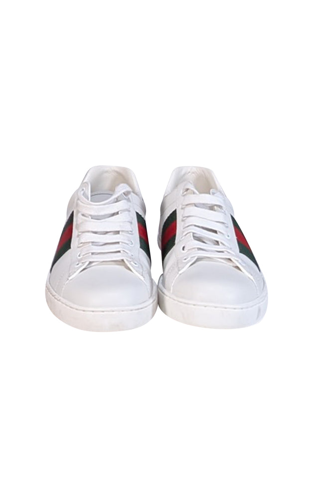 Gucci - White White Leather Sneakers w/ Green & Red Side Stripe - Current Boutique