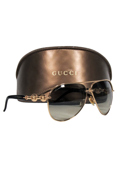 Current Boutique-Gucci - Brown Lens Gold Aviator Frame Sunglasses w/ Chain Link Leg Detail