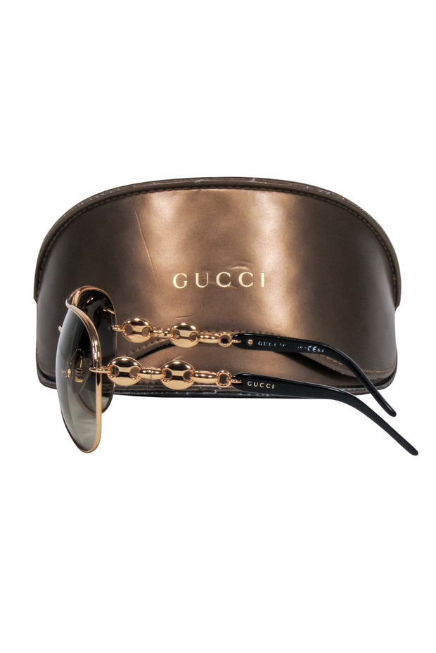Current Boutique-Gucci - Brown Lens Gold Aviator Frame Sunglasses w/ Chain Link Leg Detail