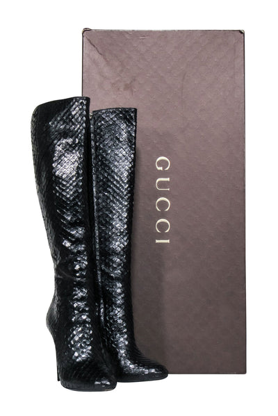 Current Boutique-Gucci - Black Snake Skin Textured Leather Stiletto Tall Boots Sz 9