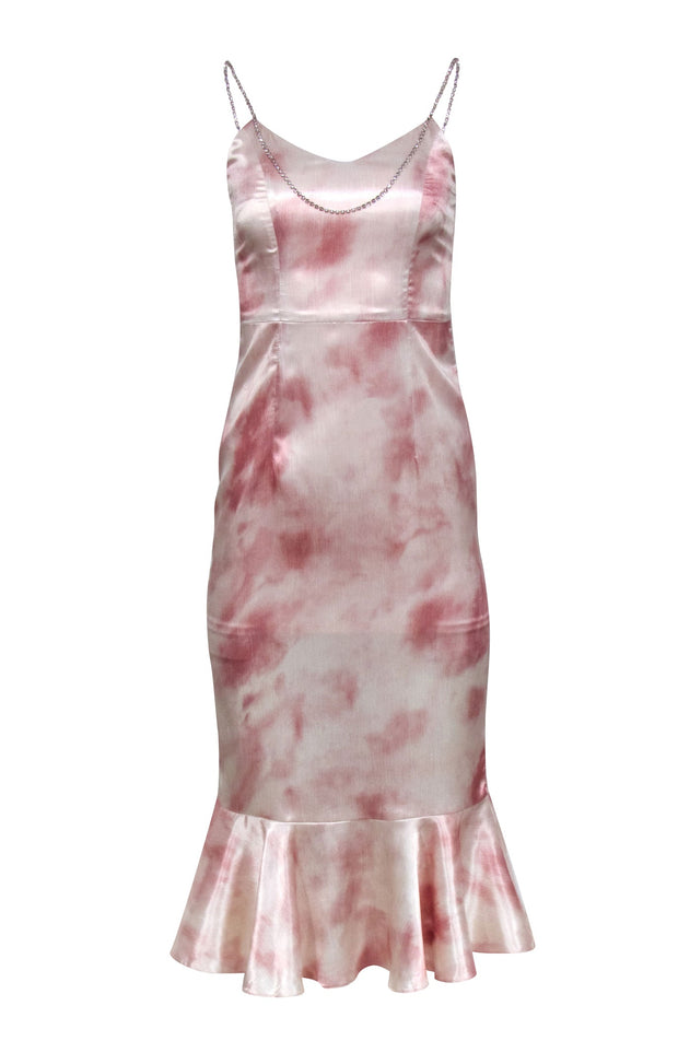 Current Boutique-Guo Jingyi - Pink & White Print Satin Dress w/ Rhinestone Straps Sz S