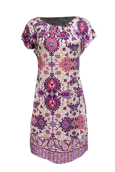 Current Boutique-Hale Bob - Beige, Purple, & Cream Abstract Print Silk Dress Sz M