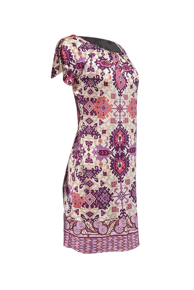 Current Boutique-Hale Bob - Beige, Purple, & Cream Abstract Print Silk Dress Sz M