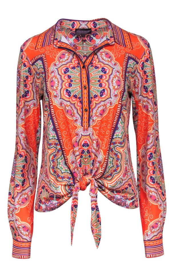 Current Boutique-Hale Bob - Orange Multicolor Paisley Print Tie-Front Blouse Sz M
